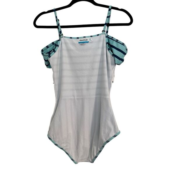 NWOT ModCloth Size MEDIUM Off the Shoulder Striped Blue One-Piece Swimsuit - Picture 6 of 7